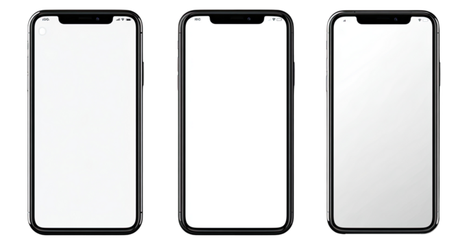 Three blank smartphone screens.  Each displays a white, empty screen.  Dark, rectangular frames surround the displays.  The phones are arranged horizontally