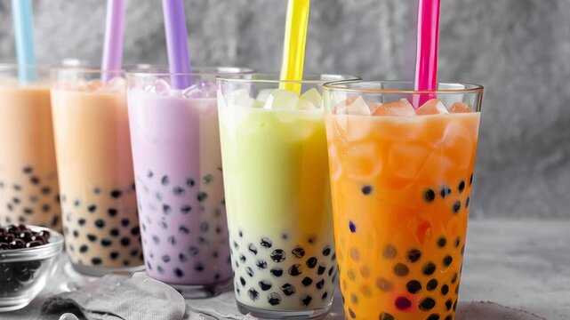 A group of colorful drinks with straws in them are arranged in a row. The drinks come in different colors, such as green, purple, and orange