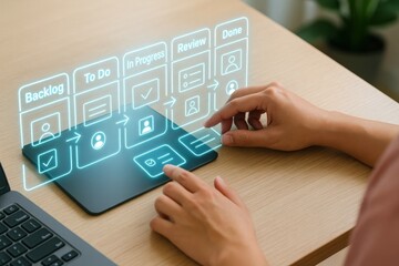 Hands interacting with a holographic business interface, highlighting the progress of a task. The interface's features like backlog, to-do, and review stages