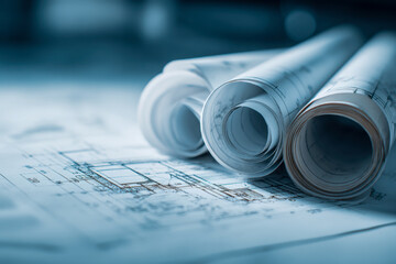 Rolled architectural blueprints on detailed construction plans with soft lighting showcasing engineering and design concepts for buildings and infrastructure projects