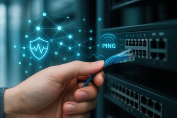 Network connectivity with the hand holding a blue network cable connected to the server rack, a concept that emphasizes security and network management.