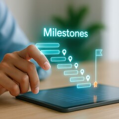 Person's hand interacts with an innovative milestone progress bar concept on a digital tablet