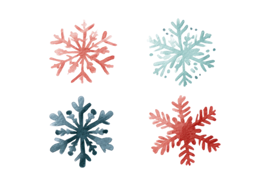 Four stylized, watercolor-like snowflakes, in shades of red, blue, and teal,  arranged in a grid