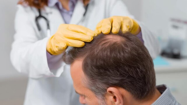 A man is getting his hair cut by a doctor. The doctor is wearing a white lab coat and yellow gloves