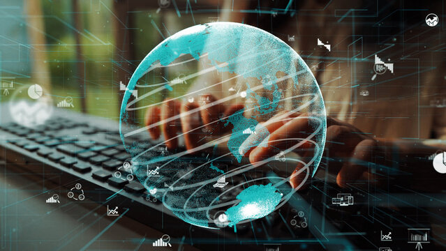 This image features hands typing on a keyboard, accompanied by a 3D globe representing digital data visualization, symbolizing innovation in technology and communication. Xenic