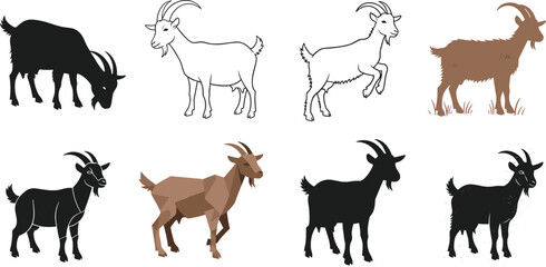 Goat illustration set, farm goat vector, domestic animal drawing, livestock artwork, grazing goat design, rural agriculture animal collection