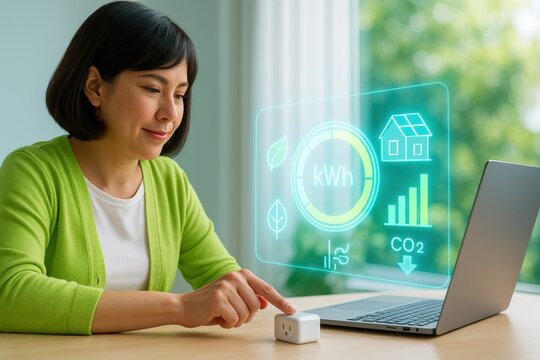 woman using a laptop while energy efficiency indicators are overlaid in the air - Powered by Adobe