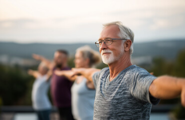 Vitalidad y alegría a medida que las personas mayores adoptan el bienestar al aire libre. Grupo feliz de adultos mayores haciendo ejercicio al aire libre con los brazos extendidos.