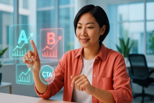 a businesswoman interact with futuristic graphics, showcasing digital concepts, and analysis. The scene is a blend of technology and professional collaboration - Powered by Adobe