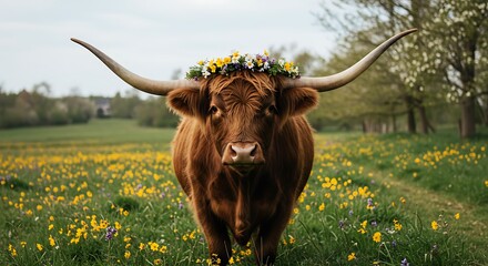 Highland Cow with Flower Crown in Daffodil Field.