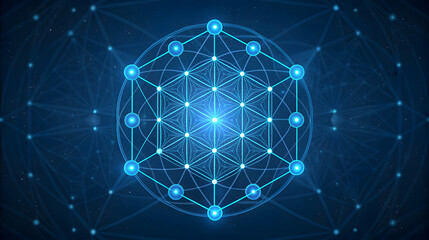 Blue geometric lattice with glowing nodes and starfield