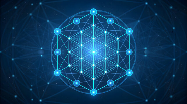 Blue geometric lattice with glowing nodes and starfield