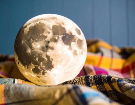 Illuminated moon resting on a colorful patchwork blanket