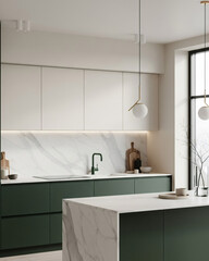 Dark Green and Cream Modern Kitchen with Marble Backsplash in Minimalist Style