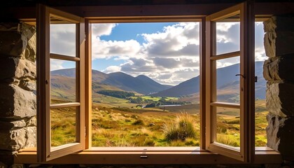 Mountain view through window