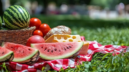 Summer picnic basket with fresh fruit, bread, and cheese on red checkered cloth - Powered by Adobe