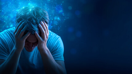 A man sits with his head in his hands, visibly stressed as digital data elements swirl around him against a dark blue backdrop