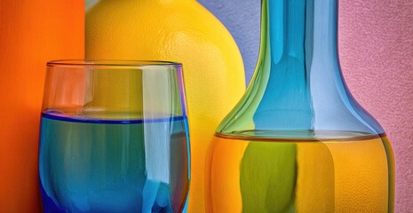 Vibrant colorful glass bottles and a wine glass, creating a striking still life composition.