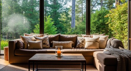 Fototapeta premium Cozy Living Room Retreat Surrounded by Lush Green Forest Scenery