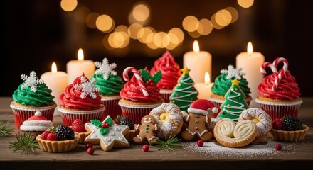 Naklejka premium Festive Christmas Cupcakes Cookies and Candles on Wooden Table