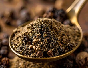 Ground pepper blend in a gold spoon