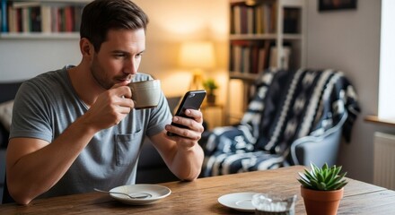 Man drinking coffee while looking at his phone at home