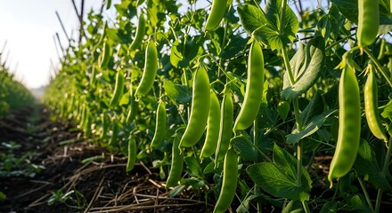 Obraz premium Fresh Green Pea Pods Growing in a Sunny Field.