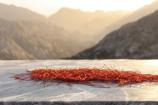 A pile of harvested saffron threads rests on a surface against a blurred mountain backdrop at sunset.