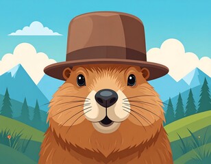 Groundhog in a top hat, nature scene