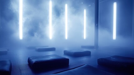 Minimalist blue lit space with illuminated panels and textured low seating surfaces