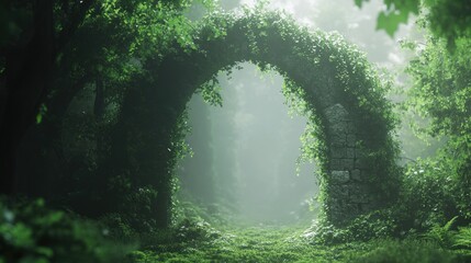 Enchanting woodland portal overgrown with verdant vegetation offering a tranquil natural scene