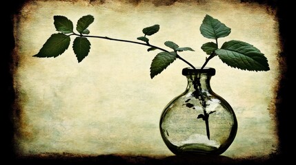 Botanical serenity: A green sprig in a vintage vase evoking quiet contemplation and the