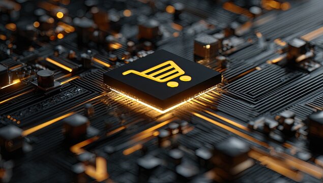 Shopping cart icon on a circuit board