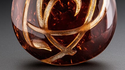 Golden amber glass sphere with artistic swirls showcasing its unique design and craftsmanship