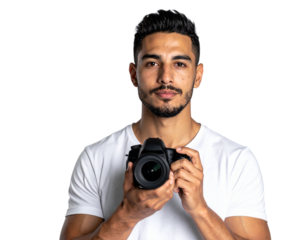 Man holds DSLR camera with transparent backdrop for versatile product photography or portrait mockups.