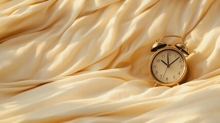 Golden Alarm Clock Resting on Smooth, Silky Bedding Showing the Time of the Morning