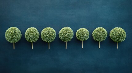Ornamental shrubs in a symmetrical arrangement against a dark teal surface