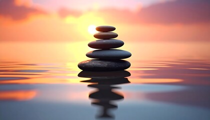 Zen stones balanced on water at sunset