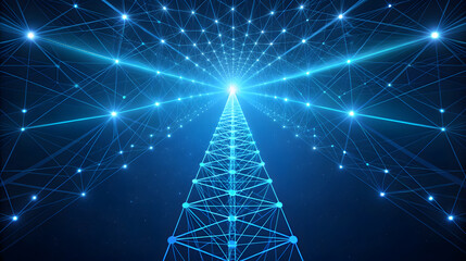 Blue network grid with radiant light beams technology