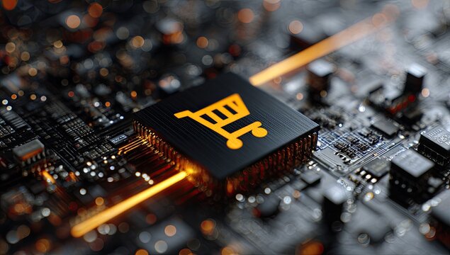 Close-up of circuit board with shopping cart icon - Powered by Adobe