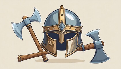 Cartoon illustration of a helmet and axes