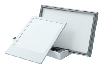 Two white, rectangular, framed panels, one slightly larger than the other, suggesting a wall-mounted or ceiling-mounted light fixture or display.  One panel is partially overlapping the other