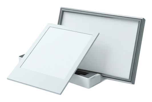 Two white, rectangular, framed panels, one slightly larger than the other, suggesting a wall-mounted or ceiling-mounted light fixture or display.  One panel is partially overlapping the other