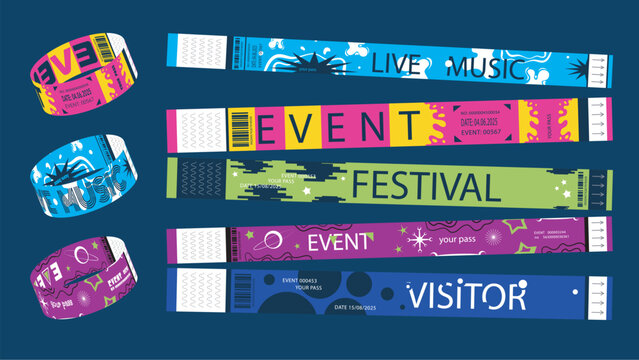 Y2k event party bracelet design. Retro modern pass ticket set for nightclubs entrance access. Colourful vibrant identification wristbands for night show performance visitor entry. Vector illustration.