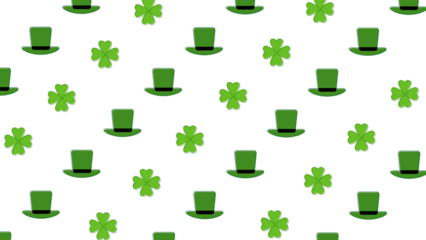 St. Patrick's Day seamless pattern with green leprechaun hats and four-leaf clovers. Festive Irish holiday background element for celebrations and design. Isolated on a transparent background.