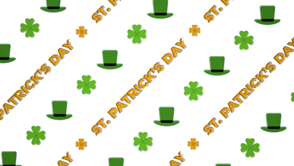 St. Patrick's Day seamless pattern with green leprechaun hats and lucky four-leaf clovers. Festive Irish holiday design asset. Cartoon illustration on a transparent background for design.