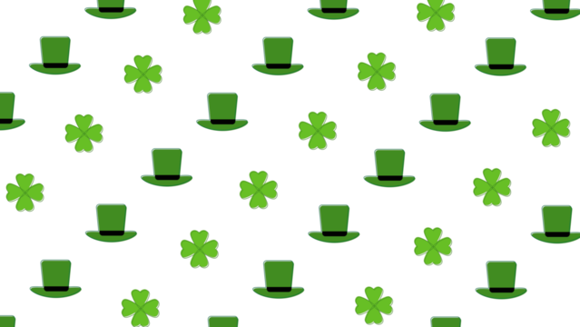 St. Patrick's Day seamless pattern with green leprechaun hats and four-leaf clovers. Festive Irish holiday background element for celebrations and design. Isolated on a transparent background.