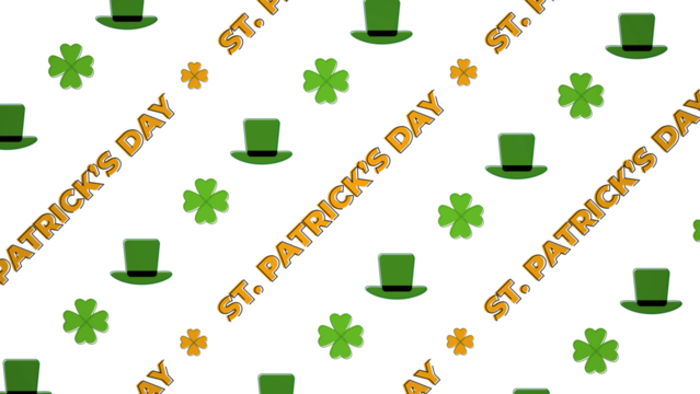 St. Patrick's Day seamless pattern with green leprechaun hats and lucky four-leaf clovers. Festive Irish holiday design asset. Cartoon illustration on a transparent background for design.