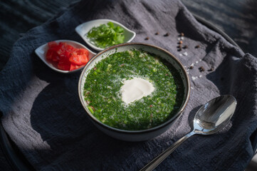 Traditional Russian lunch in a cafe. Top view of okroshka. 