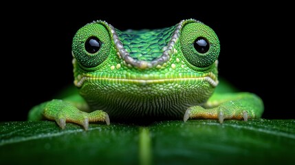 Fototapeta premium This stunning close-up showcases a vibrant green chameleon with captivating eyes, resting on a leaf.
